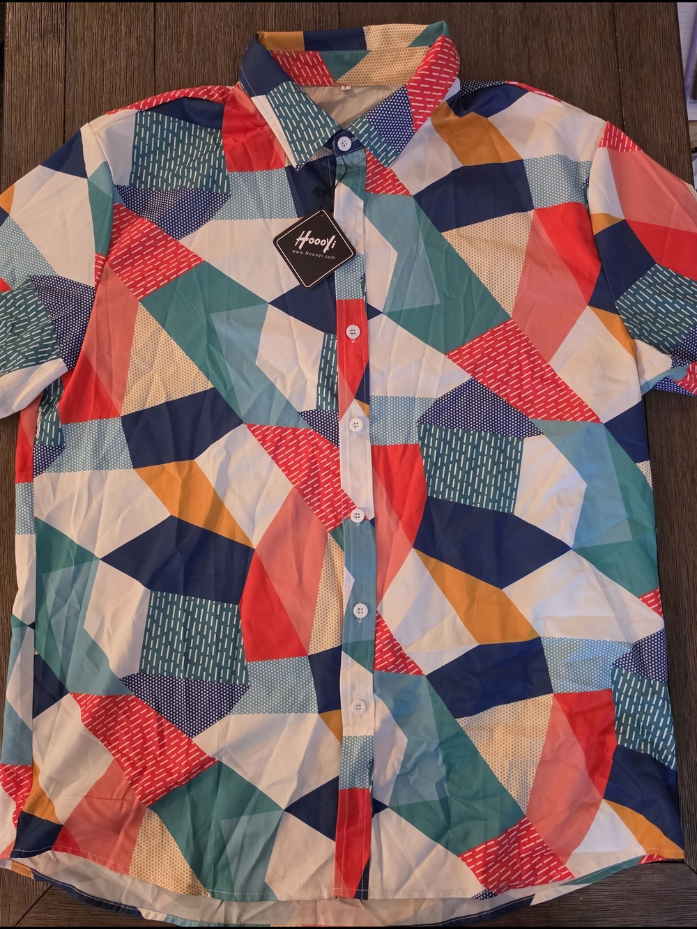 Hoooyi Multicolor Geometric Print Men's Button Up Shirt - Red/Teal/Navy